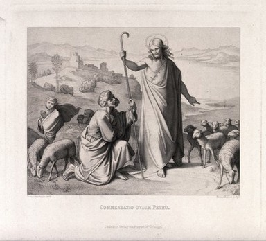 Jesus appoints Peter as head of his church, symbolised by a flock of lambs. Engraving by F. Keller after J.F. Overbeck.