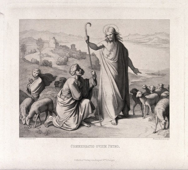 Jesus appoints Peter as head of his church, symbolised by a flock of lambs. Engraving by F. Keller after J.F. Overbeck.