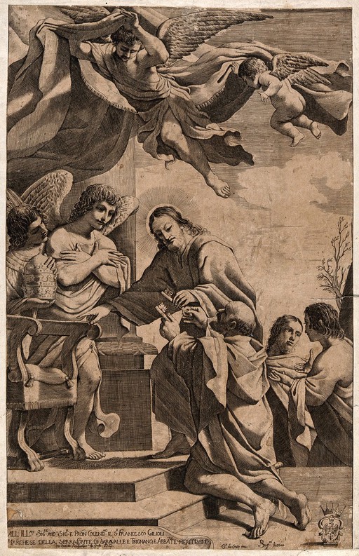 Jesus appoints Peter as keeper of the keys to heaven; angels stand by. Engraving by G. Pasqualini after himself.
