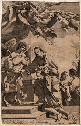 Jesus appoints Peter as keeper of the keys to heaven; angels stand by. Engraving by G. Pasqualini after G.F. Barbieri, il Guercino.