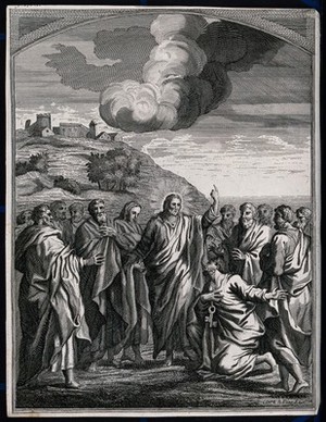 view Jesus appoints Peter as head of the church. Engraving by Clark and Pine, ca. 1719.