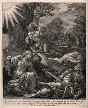 view The agony in the garden; the apostles slumber while the soldiers and priests approach. Engraving by J. Sadeler, 1582, after M. de Vos.