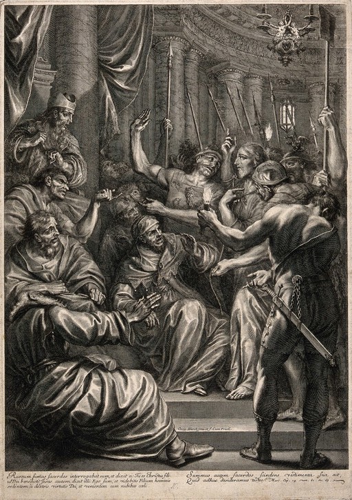 The high priest questions Jesus after his arrest. Engraving by G. Huret after himself.