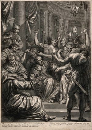 view The high priest questions Jesus after his arrest. Engraving by G. Huret after himself.