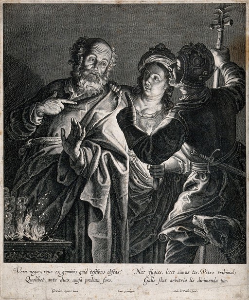 Peter denies knowledge of Christ. Engraving by A. de Paulis after G. Seghers.