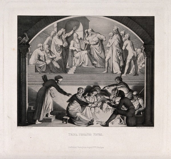 Christ stands before the high priest; Peter denies knowledge of Christ. Line engraving by B. Bartoccini after F. Overbeck.