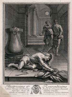 view Christ lies on the ground, beaten and mocked. Etching by L. Simonneau after himself.