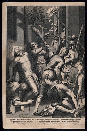 view The mocking and flagellation of Christ. Line engraving by G. Sadeler after J. Palma the elder.