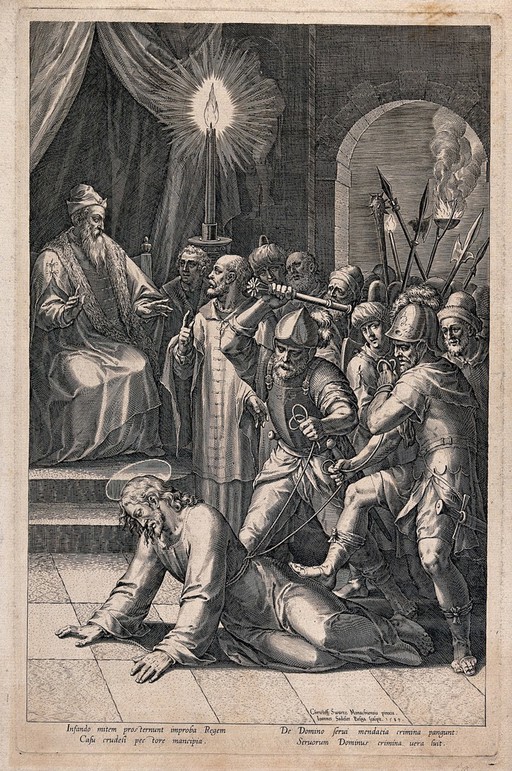 Roman soldiers beat Christ before the high priest. Line engraving by J. Sadeler, 1589, after C. Schwartz.