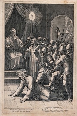 Roman soldiers beat Christ before the high priest. Line engraving by J. Sadeler, 1589, after C. Schwartz.