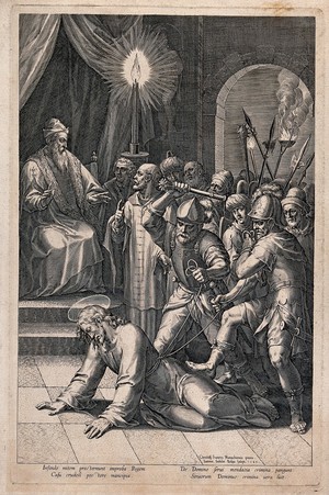 view Roman soldiers beat Christ before the high priest. Line engraving by J. Sadeler, 1589, after C. Schwartz.