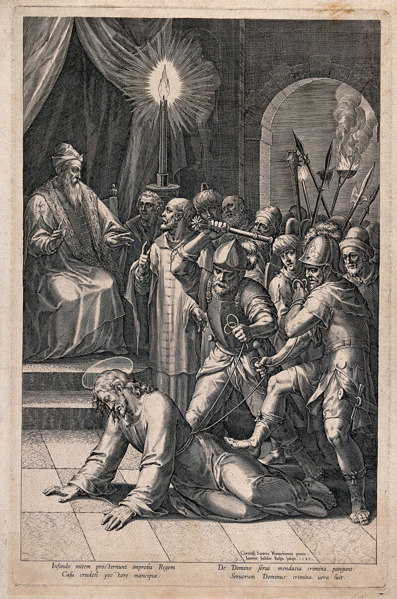 Roman soldiers beat Christ before the high priest. Line engraving by J. Sadeler, 1589, after C. Schwartz., 1589, by Christoph Schwarz