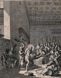 view Christ beaten and mocked before Caiaphas. Etching by J. Callot, 1630.