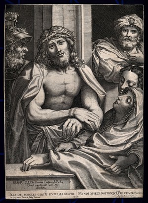 view Jesus is exhibited to the people wearing a crown of thorns. Line engraving by Agostino Carracci, 1587, after A. Allegri, il Correggio.