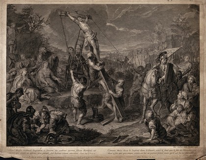 The cross bearing Christ is hoisted up before a multitude of lamenters and soldiers. Engraving by N-H. Tardieu after B. Audran after C. le Brun.
