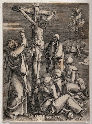 view The crucifixion of Christ; Saint John and the four women lament. Engraving by Wierix after A. Dürer, 1509.