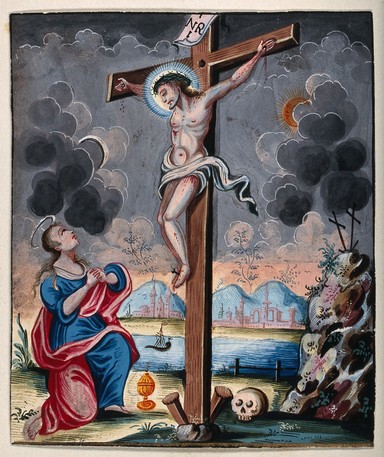Saint Mary Magdalene clasps her hands before the crucified Christ. Watercolour painting.