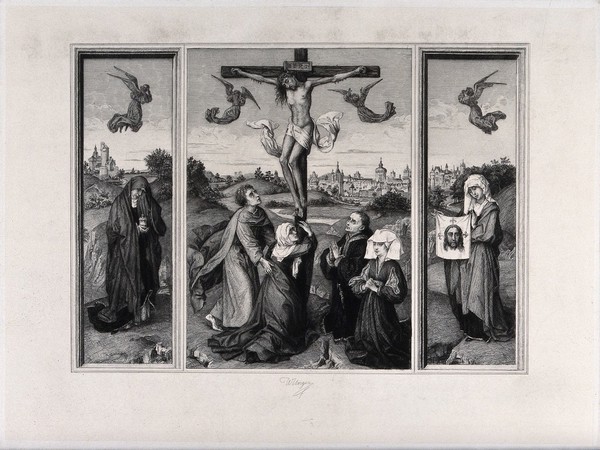 The crucifixion of Christ; the three Maries lament. Etching by W. Unger after R. van der Weyden.