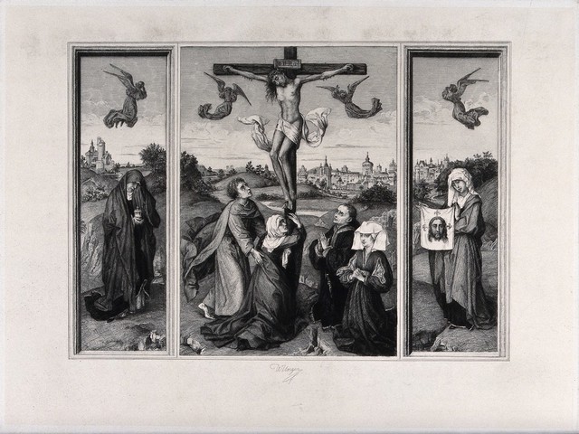 The crucifixion of Christ; the three Maries lament. Etching by W. Unger after R. van der Weyden.