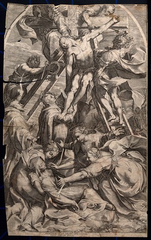 view The dead Christ is taken down from the cross. Line engraving by D. Falcini after F. Barocci.