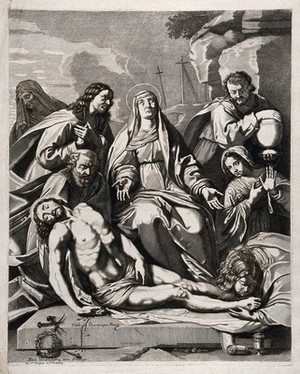 view Lamentation over the dead Christ. Engraving after P. de Champaigne.