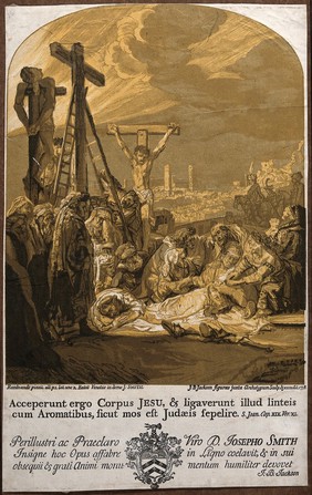 Lamentation over the dead Christ on the mount of Golgotha. Woodcut by J.B. Jackson, 1738, after Rembrandt.