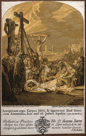 view Lamentation over the dead Christ on the mount of Golgotha. Woodcut by J.B. Jackson, 1738, after Rembrandt.