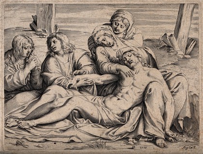 The four holy women lament over the dead Christ. Line engraving by Agostino Carracci, 1598, after Annibale Carracci, 1597.