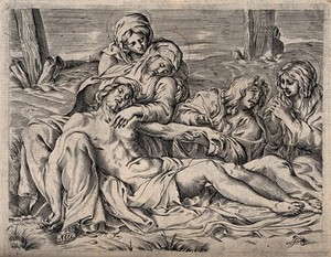 view The four holy women lament over the dead Christ. Line engraving after Annibale Carracci.