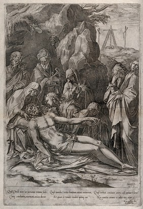 The dead Christ is lamented by the four holy women, Nicodemus and Joseph of Arimathaea. Engraving by C. Cort, 1567.