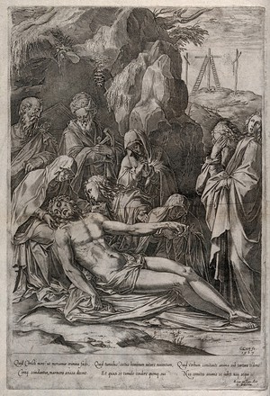 view The dead Christ is lamented by the four holy women, Nicodemus and Joseph of Arimathaea. Engraving by C. Cort, 1567.