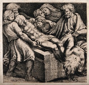 view Christ's body is carried to its tomb. Etching after Raphael, 1506-7.