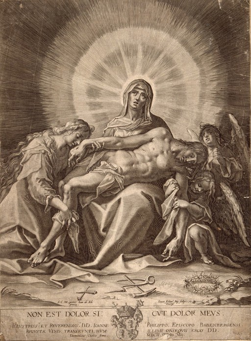 The four holy women lament over the dead Christ. Line engraving by L. Kilian after J. Aachen.