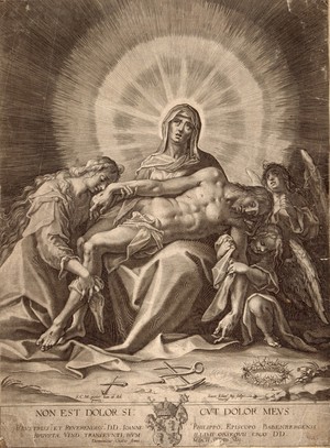 view The Virgin and Saint Mary Magdalene lament over the dead Christ. Line engraving by L. Kilian after H. von Aachen.