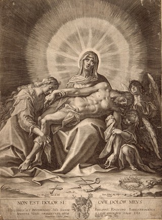 The Virgin and Saint Mary Magdalene lament over the dead Christ. Line engraving by L. Kilian after H. von Aachen.