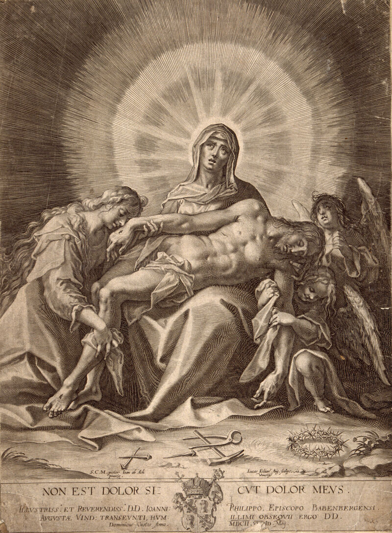 The Virgin and Saint Mary Magdalene lament over the dead Christ. Line engraving by L. Kilian after H. von Aachen., by Hans von Aachen