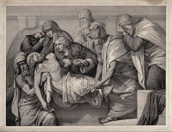 Christ is laid into a tomb. Lithograph by M. Fanoli after E.R. Wehnert, 1849.