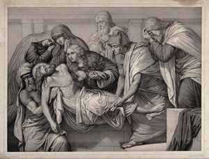 view Christ is laid into a tomb. Lithograph by M. Fanoli after E.R. Wehnert, 1849.