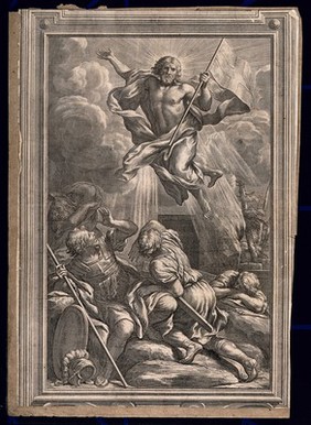 The resurrected Christ flying above soldiers. Engraving.