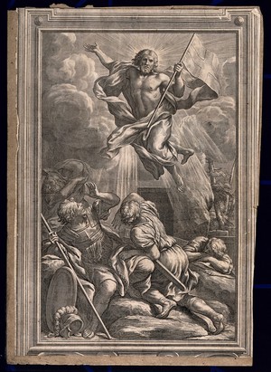 view The resurrected Christ flying above soldiers. Engraving.