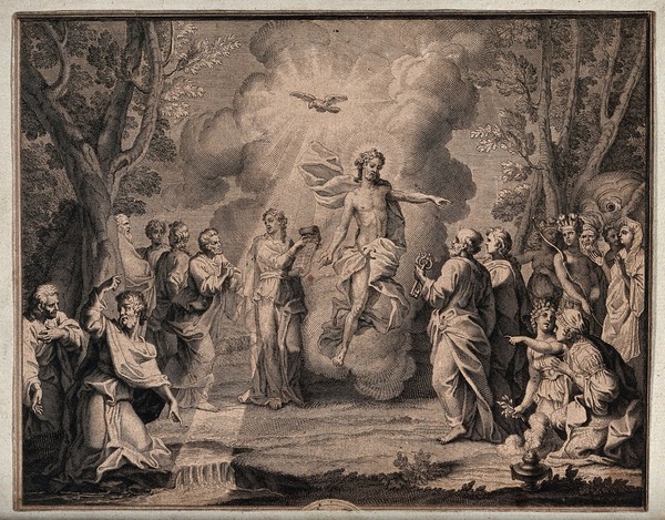 The resurrected Christ appears before the apostles and other people. Etching.