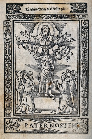 view The resurrected Christ appears with a flag before the apostles; God spreads his hands above. Woodcut.