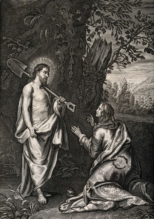 view The risen Christ appears as gardener to Mary Magdalene. Engraving.