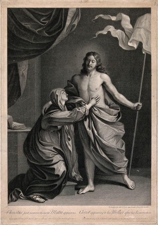 The risen Christ appears to the Virgin Mary. Line engraving by R. Strange, 1773, after himself, 1764, after G.F. Barbieri, il Guercino.