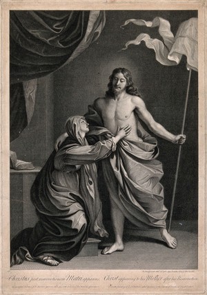 view The risen Christ appears to the Virgin Mary. Line engraving by R. Strange, 1773, after himself, 1764, after G.F. Barbieri, il Guercino.