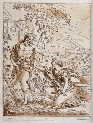 view The risen Christ asks Mary Magdalene not to touch him. Etching with aquatint by G.B. Cipriani after A.D. Gabbiani.