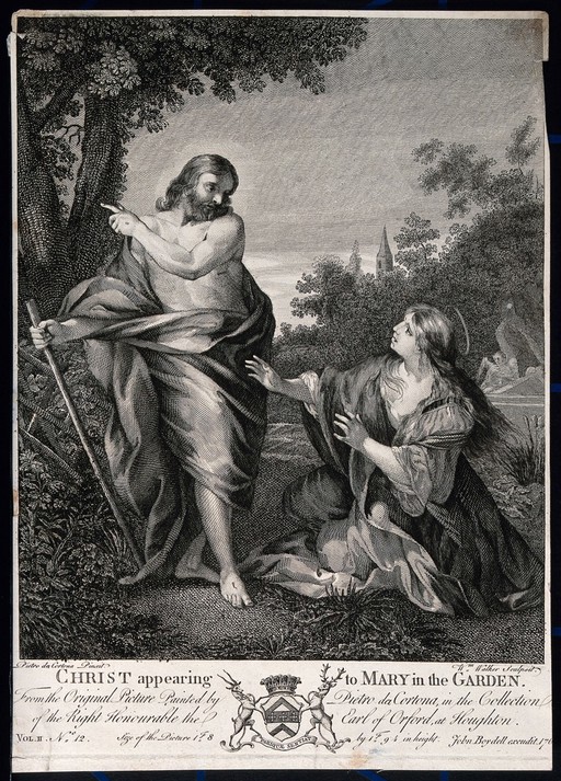 Mary Magdalene reaches out for the risen Christ; he points away. Engraving by W. Walker, c. 1760, after P. da Cortona.