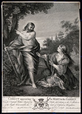 Saint Mary Magdalene reaches out for the risen Christ; he points away. Engraving by W. Walker, c. 1760, after P. da Cortona.