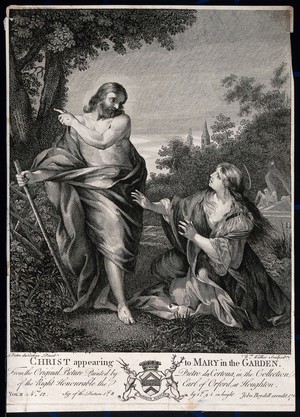 view Saint Mary Magdalene reaches out for the risen Christ; he points away. Engraving by W. Walker, c. 1760, after P. da Cortona.