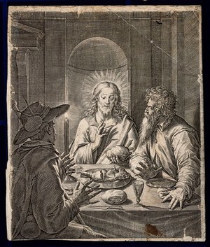 view The risen Christ shares supper with two men at Emmaus. Engraving.